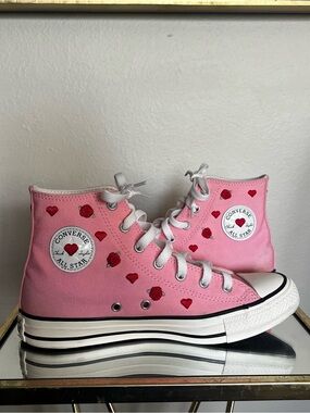 Converse Pink High-Top Sneakers with Red Heart & Rose Embroidery